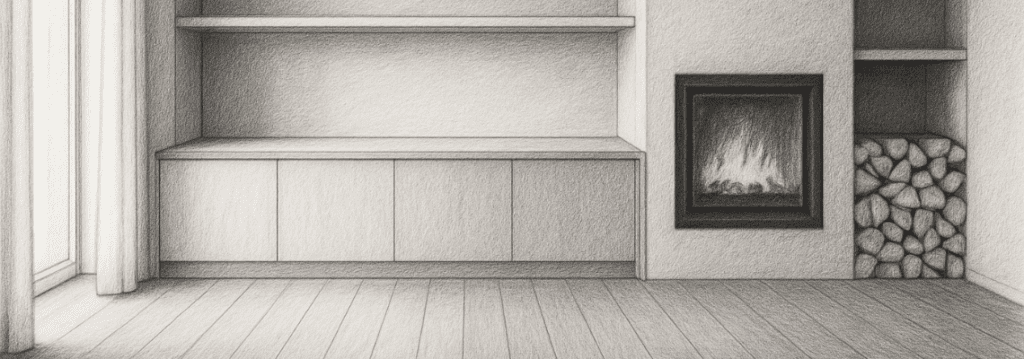 Illustration d’un agencement intérieur sur mesure à Noirmoutier, avec cheminée moderne, étagères intégrées et parquet bois clair, dessinée en noir et blanc.