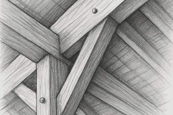 dessin noir et blanc d’un assemblage de charpente en bois traditionnel réalisé par Menuiser’île à Noirmoutier