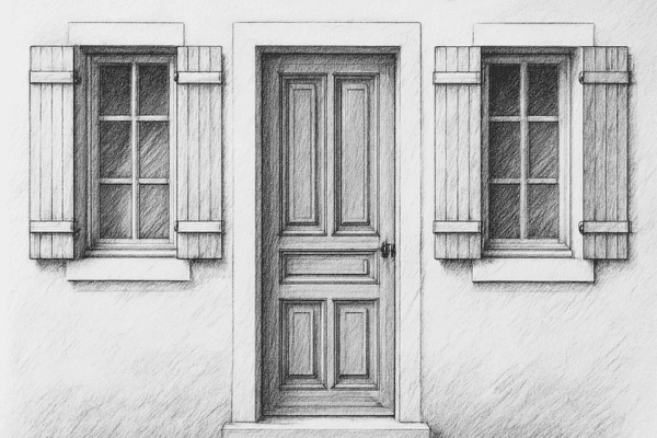 dessin noir et blanc d’une façade avec porte en bois et volets sur mesure à Noirmoutier, réalisé par Menuiser’île