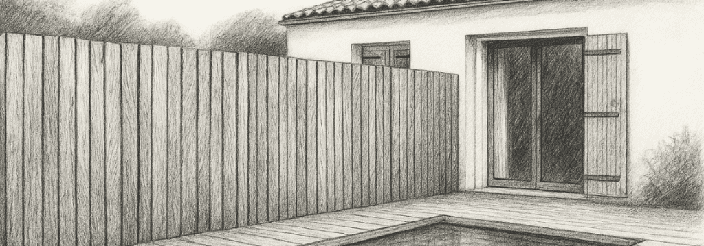 Illustration en noir et blanc d’une palissade en bois installée devant une maison blanche typique de Noirmoutier, réalisée sur mesure par Menuiser’Île.