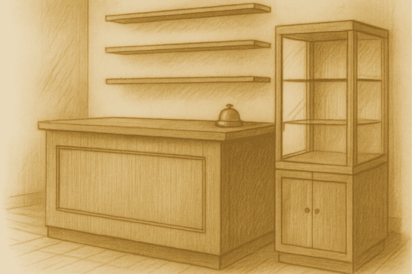 Dessin d’un comptoir et d’une vitrine en bois sur mesure, illustrant la fabrication de banques d’accueil et de mobilier professionnel par Menuiser’île à Noirmoutier.