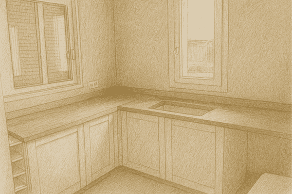 Dessin d’une cuisine en bois sur mesure illustrant le savoir-faire de Menuiser’île dans la création de meubles personnalisés pour chaque pièce de la maison.