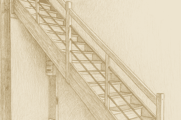 Dessin d’un escalier en bois sur mesure illustrant le savoir-faire de Menuiser’île en agencements intérieurs et menuiseries sur mesure.