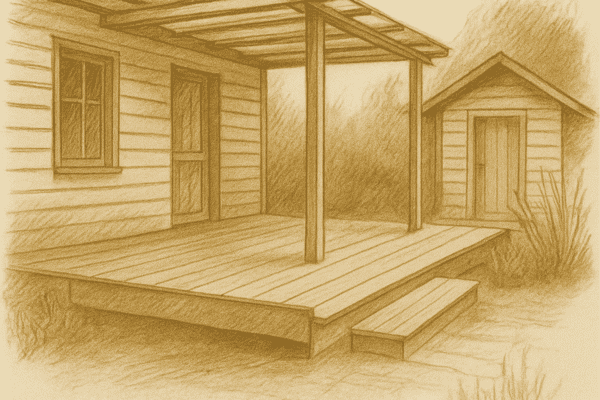 Dessin d’une terrasse en bois avec abri de jardin, illustrant les aménagements extérieurs réalisés par Menuiser’île à Noirmoutier : terrasses, clôtures et extensions sur mesure durables.