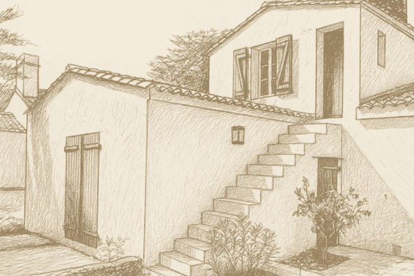 Dessin d’une maison à Noirmoutier avec volets et portes en bois sur mesure, illustrant le savoir-faire de Menuiser’île en menuiserie extérieure.