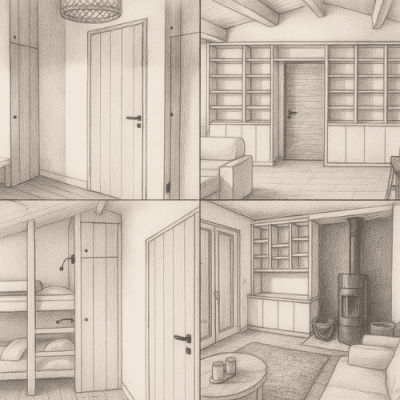 Illustration réalisations Menuiser'ile à Noirmoutier : aménagements intérieurs en bois sur mesure avec portes, lits superposés, rangements et bibliothèque intégrée