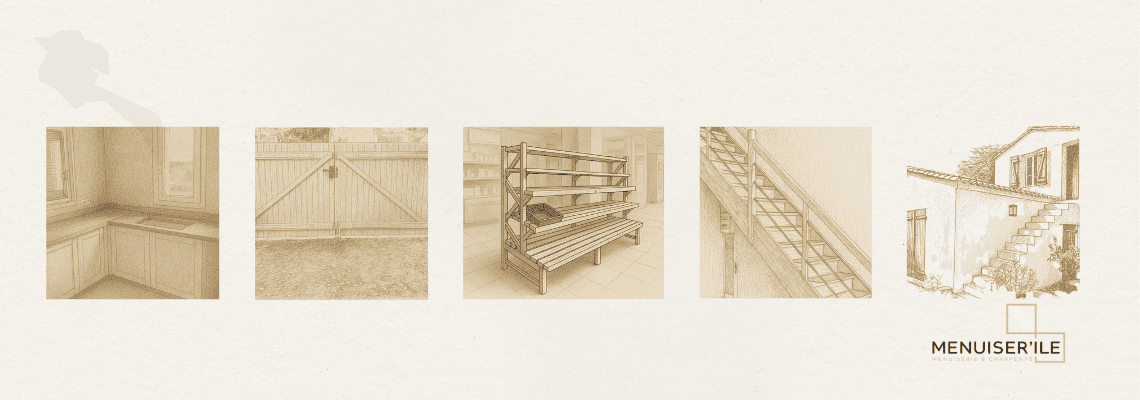 Bandeau d’illustrations au crayon représentant les réalisations de Menuiser’île à Noirmoutier : cuisine sur mesure, portail bois, mobilier, escalier et façade extérieure, symbole du savoir-faire artisanal de l’entreprise