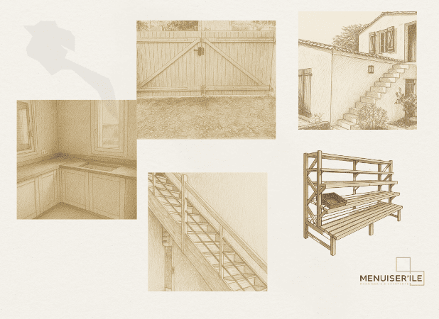 Bandeau au format mobile présentant les dessins des réalisations Menuiser’île à Noirmoutier : menuiserie intérieure, extérieure et charpente bois sur mesure.