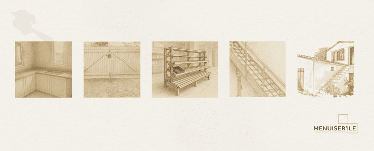 Bandeau illustré au crayon pour la version tablette du site de Menuiser’île, montrant différentes réalisations bois : aménagements intérieurs, portails, escaliers et façades sur mesure à Noirmoutier.
