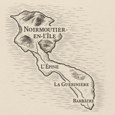 Carte en noir et blanc de l’île de Noirmoutier indiquant les zones d’intervention de Menuiser’Île pour ses travaux de menuiserie extérieure.