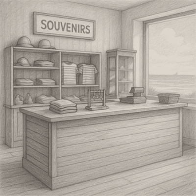 comptoir-bois-magasin-souvenirs-noirmoutier-menuiserile dessin noir et blanc d’un comptoir en bois dans un magasin de souvenirs à Noirmoutier, réalisé sur mesure par Menuiser'île