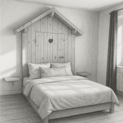 dessin-noir-blanc-chambre-lit-bois Création de meubles en bois sur mesure à Noirmoutier dessin noir et blanc d’une chambre en bois avec lit au centre, coussins et meuble en bois apparent