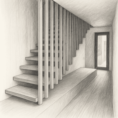 Illustration d’un escalier en bois contemporain sur mesure avec claustra vertical, réalisé par Menuiser’île à Noirmoutier. Style épuré et moderne, en noir et blanc.