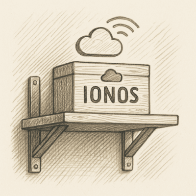 illustration d’une boîte en bois gravée IONOS sur une étagère, symbolisant l’hébergement du site de Menuiser’île à Noirmoutier