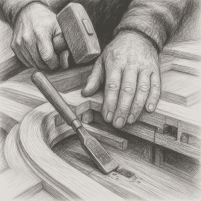 Dessin au crayon noir et blanc représentant une main de menuisier façonnant une pièce de bois dans un atelier à Noirmoutier.