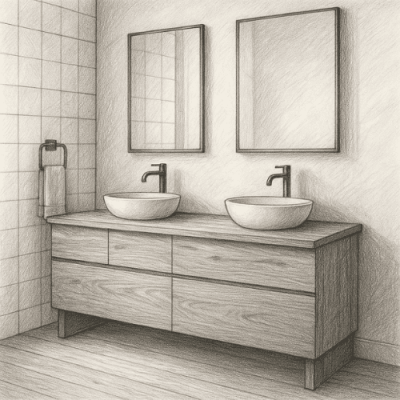 meubles-salle-de-bain-menuiserie-noirmoutier-menuiserile dessin noir et blanc d’un meuble de salle de bain sur mesure avec plans vasques en bois, réalisé par Menuiser'île à Noirmoutier
