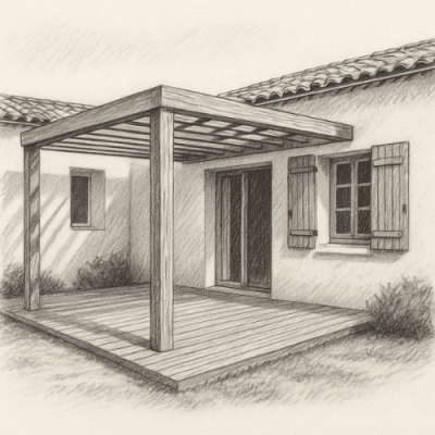 pergola-bois-noirmoutier-menuiserie-exterieure Illustration en noir et blanc d’une pergola bois installée sur une terrasse devant une maison typique de Noirmoutier, réalisée sur mesure par Menuiser’Île.
