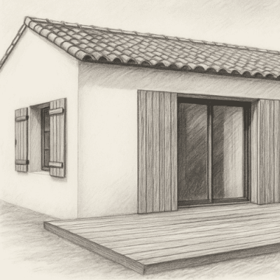 Illustration d’une maison de plain-pied avec terrasse en bois et bardage vertical, réalisée par Menuiser’Île à Noirmoutier.